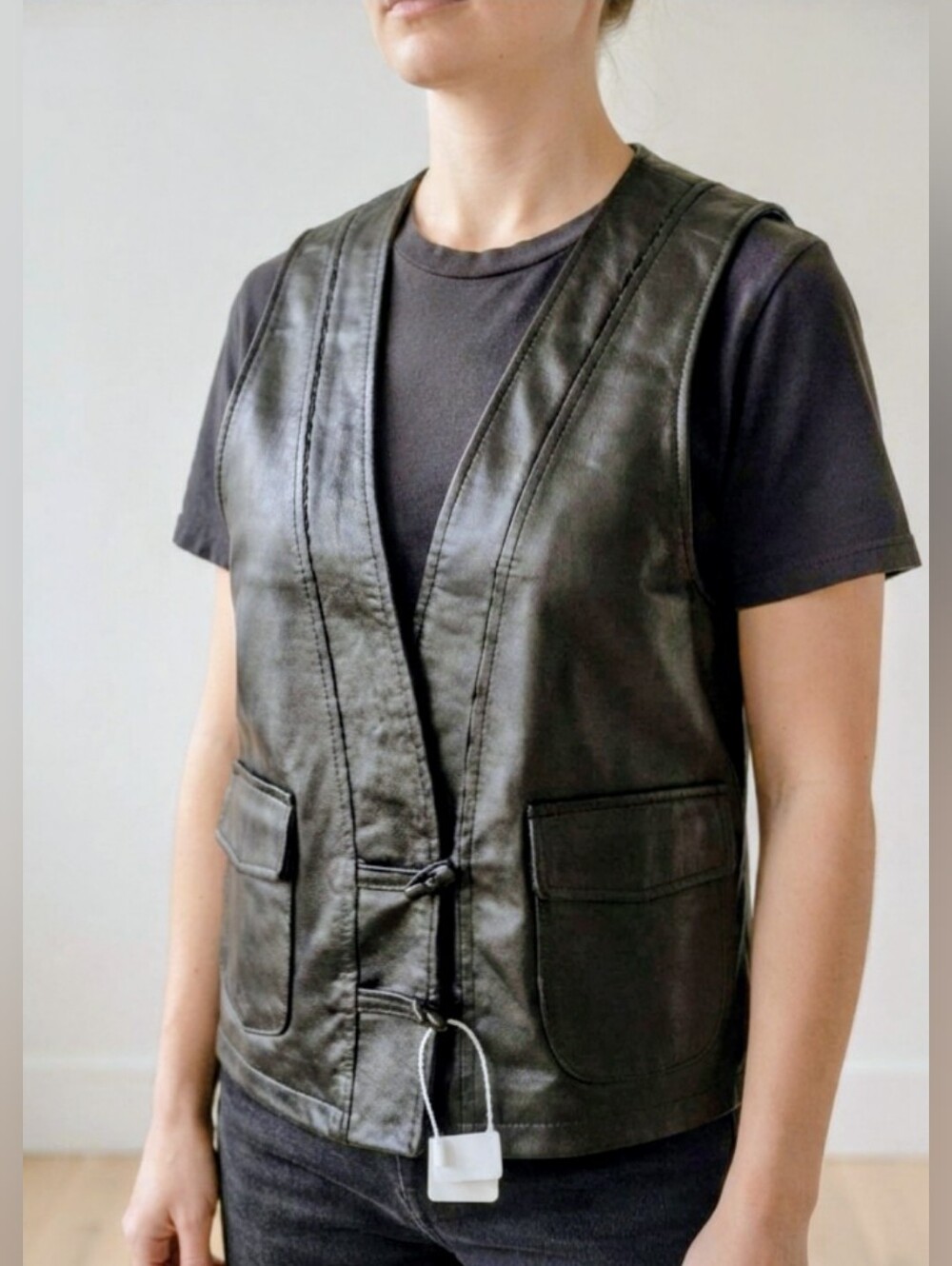 NWT Sidiyu Black Genuine Sheepskin Leather Vest Moto Gilet Large L
